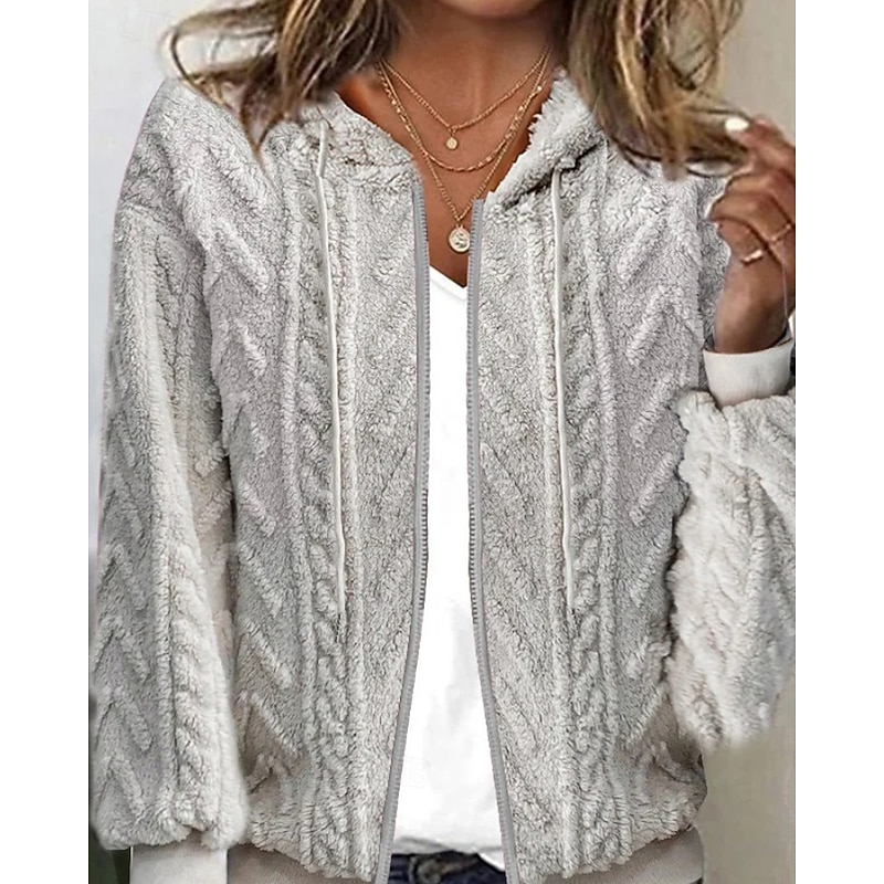 Women's Cardigan Casual Solid Color Chunky Hooded Zipper Knitted Long Sleeve Regular Tops Knit Daily Holiday Going out Light Grey Fall Winter