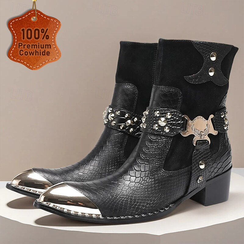 Men's Black Leather Ankle Boots with Studded Straps and Metal Toe Caps - Stylish Western Boots for Formal and Casual Occasions