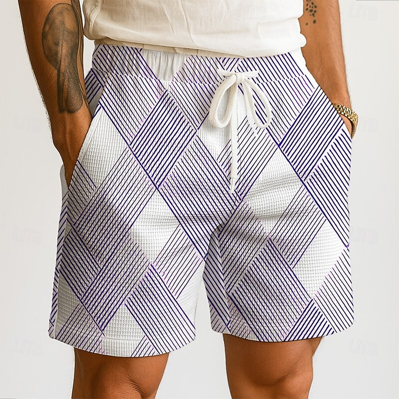 Men's Geometric Grid / Plaid Waffle Shorts Sweat Shorts Casual Shorts Mid Waist Fashion Casual Vacation Jogging Workout Elastic Drawstring Waist Shorts with Pockets Designer Clothing Apparel3