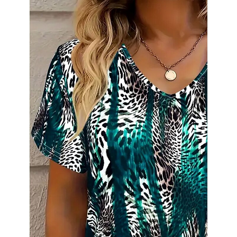 Women's T Shirt Graphic Leopard Striped Vintage Stylish Western Short Sleeve V Neck Regular Tops Daily Going out Weekend Print Dark Green Summer Spring Fall2