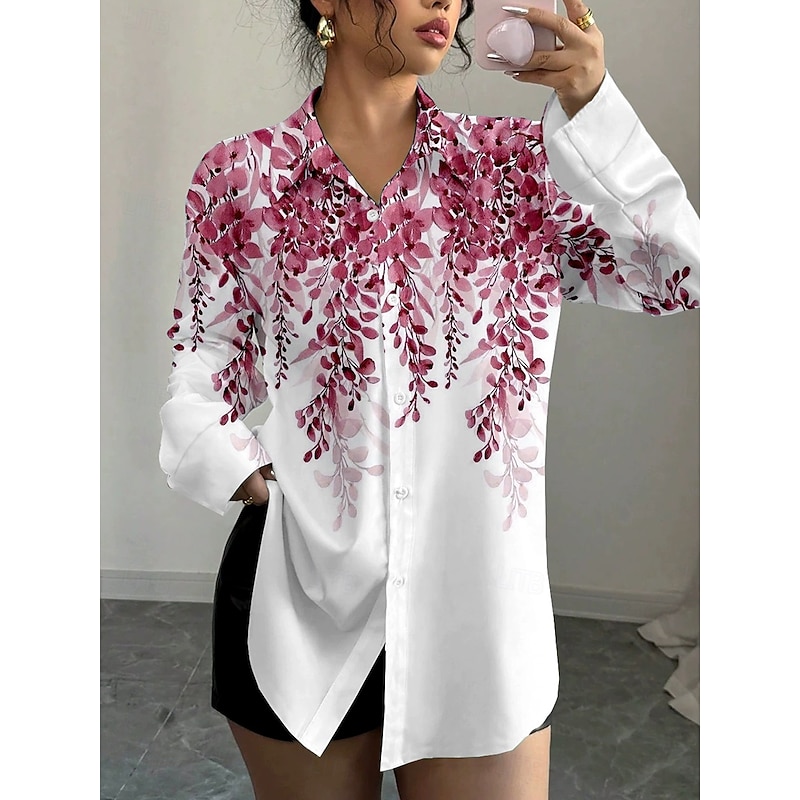 Women's Shirt Button Down Tunic Shirt Collar Long Sleeve Ombre Floral Graphic Vintage Tropical Daily Regular Tops Work Daily Holiday s Print Red Blue Green Khaki Spring Fall