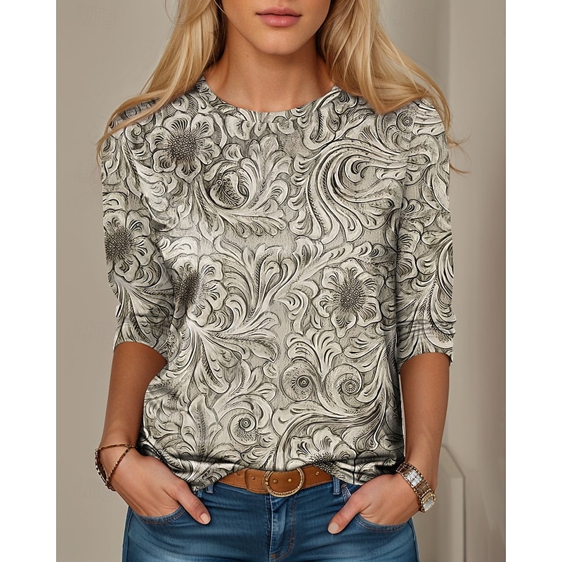 Women's T shirt Long Sleeve Crew Neck Long Sleeve Tunic Floral Graphic Plants Vintage Stylish Classic Regular Tops Daily Weekend Print Yellow Beige  Prefall
