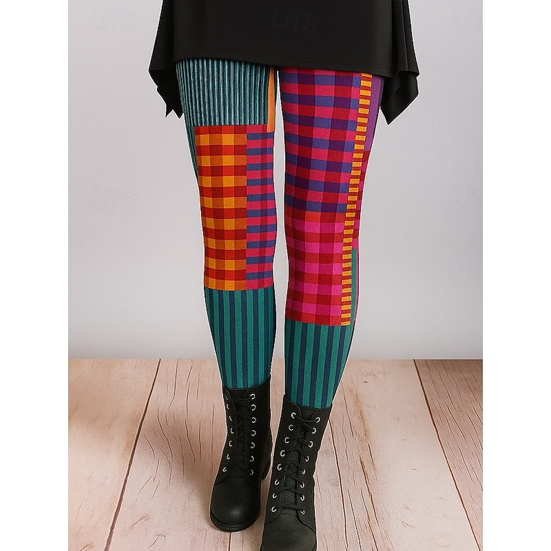 Women's Leggings Vacation Vintage Ethnic Style Ankle-Length High Waist Graphic Plaid Checkered Abstract 3D Print Quick Dry Breathability Soft Stretchy Outdoor Home Causal Yellow Red Gray Fall Regular2