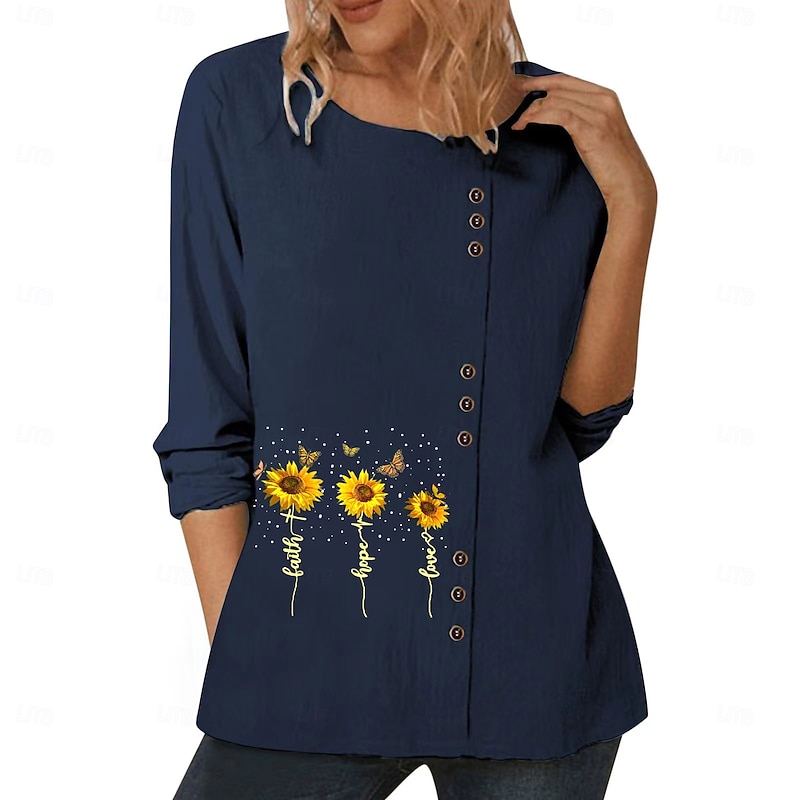 Women's Blouse Floral Graphic Plants Elegant Vintage Fashion Long Sleeve Crew Neck Regular Tops Daily Going out Weekend White Blue Dark Blue Fall