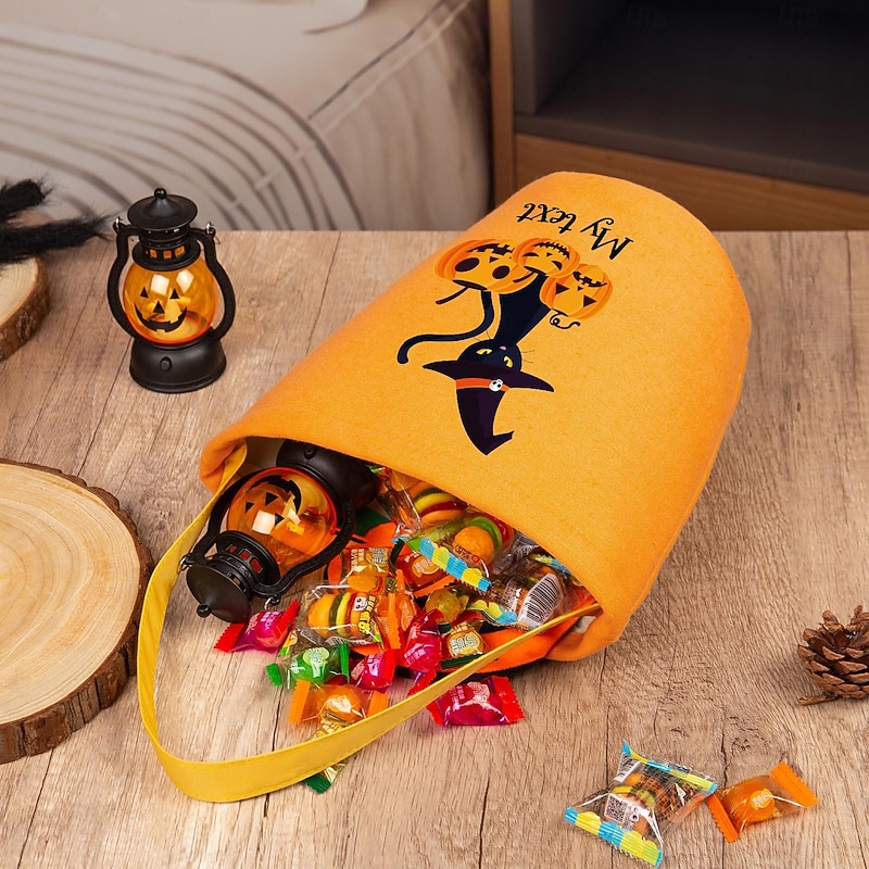 Personalized Name Halloween Treat Bag for Kids Custom Candy Tote Bag Basket for Trick or Treat with Cute Cat Pumpkin Design, Custom Text Gift for Children2