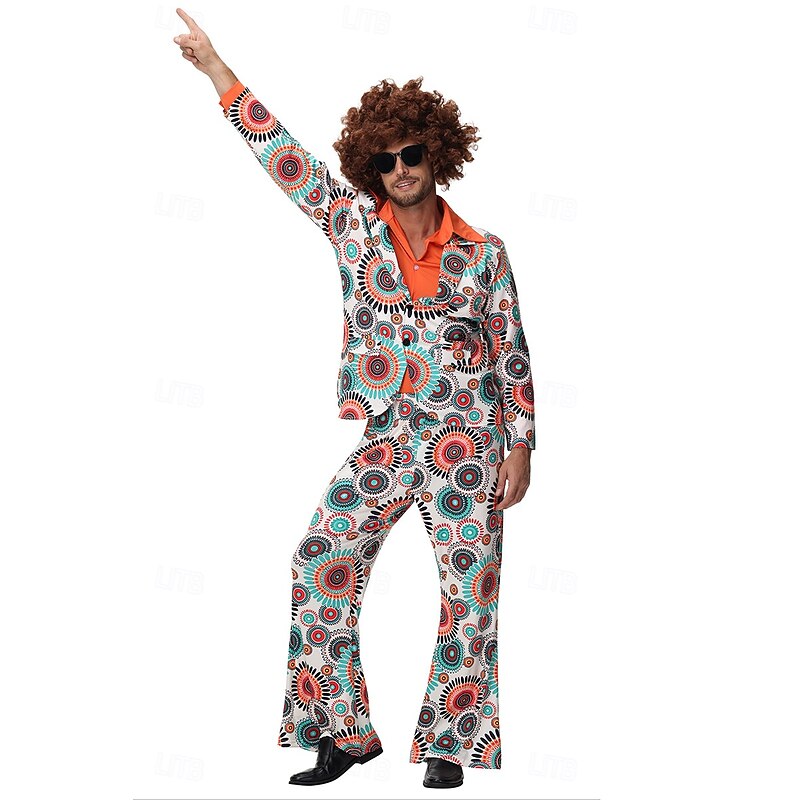 Retro Vintage 1960s Hippie Cosplay Wigs Trousers Shirt Hippie Printing Fancy Dress Men's Halloween Carnival Masquerade Music Festival Pride Parade Pride Month Adults' Coat Shirt Pants All Seasons3