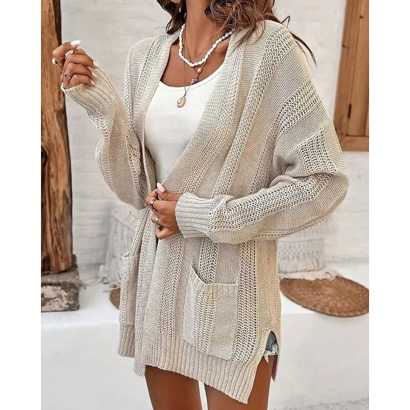 Women's Cardigan Casual Solid Color Ribbed V Neck Knitted Long Sleeve Regular Tops Knit Outdoor Daily Holiday Apricot Fall2