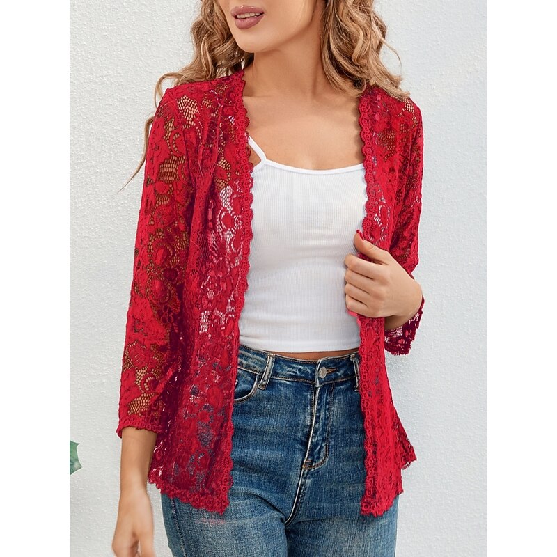 Women's Lace Shirt Solid Color Elegant Stylish Basic Long Sleeve V Neck Regular Tops Daily Lace Patchwork Black White Red Gray Summer Spring4