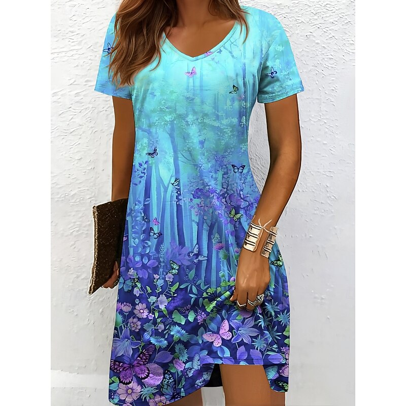 Women's Mini Dress T Shirt Dress Tee Dress Sundress A Line Dress Vacation Casual Beach Beach Regular Fit Ombre Floral Graphic Short Sleeve V Neck Yellow Red Blue Purple Summer
