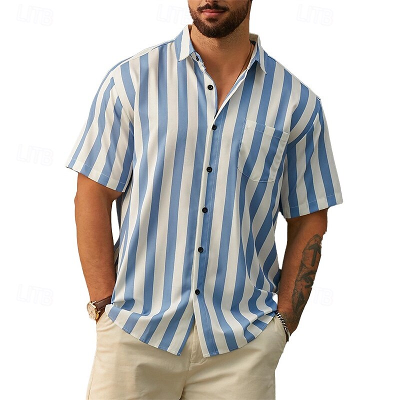 Men's Shirt Summer Shirt Casual Shirt Beach Shirt Button Up Shirt Light Green Blue Green Gray Short Sleeve Stripes Lapel Vacation Hawaiian Clothing Apparel Polyester Fashion Casual Comfortable - Main Image