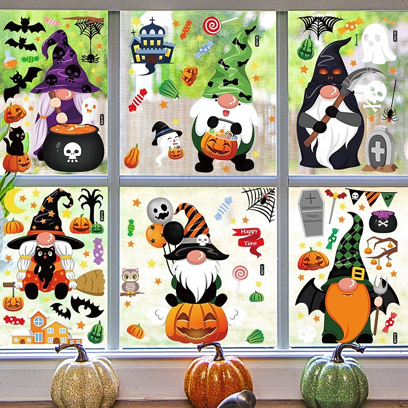 6 Sheets Halloween Window Cling Sticker Decals Decorations Double Side, Gnome Witch Pumpkin Balloon Static Stickers for Glass, Bestselling Halloween Window Decals