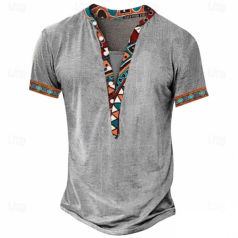Men's Bohemian T Shirt Henley Shirt Tee Short Sleeve Designer Basic Classic Outdoor Casual Daily Summer Gray Green Khaki Henley Henley T-Shirt3