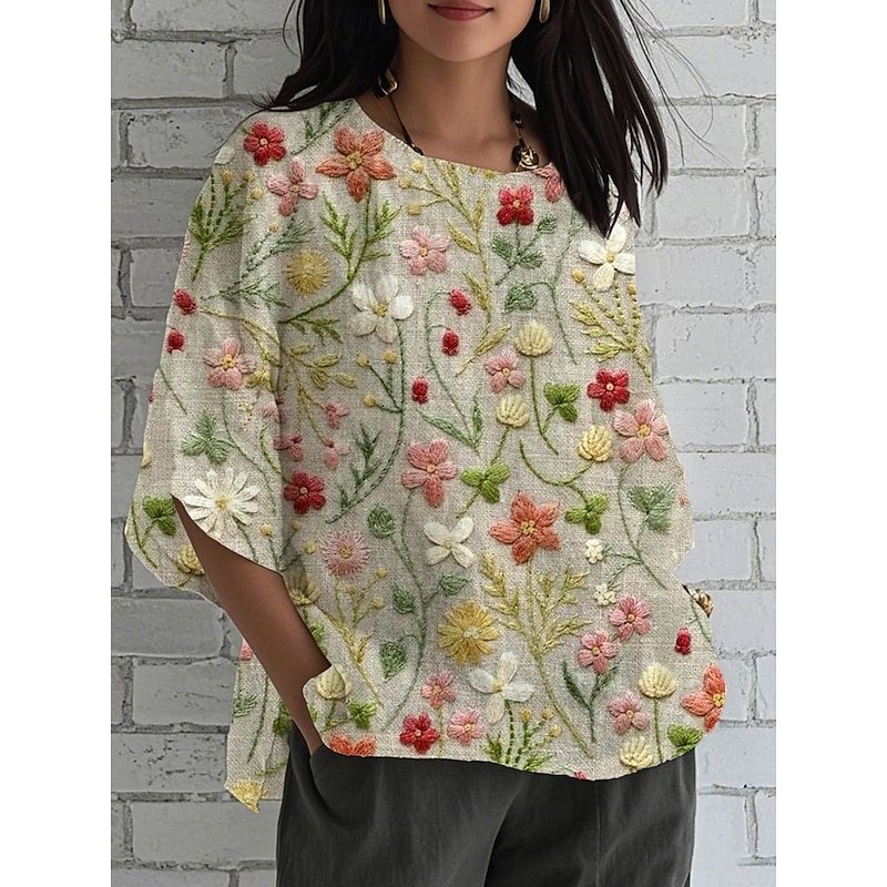 Women's Blouse Long Sleeve Floral Graphic Elegant Stylish 3/4 Length Sleeve V Neck Boat Neck Regular Tops Daily Holiday Print Yellow Pink Green Summer Spring