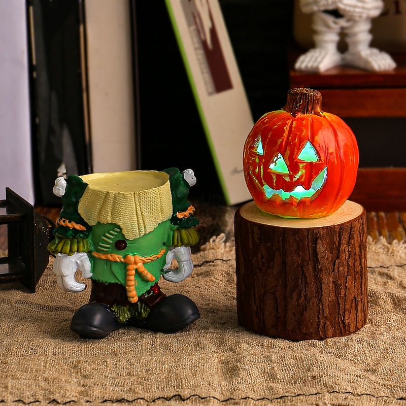Halloween LED Light Pumpkin Knight Resin Figurine, Glowing Pumpkin Head Ghost Tabletop Decoration, Spooky Yard Decor4
