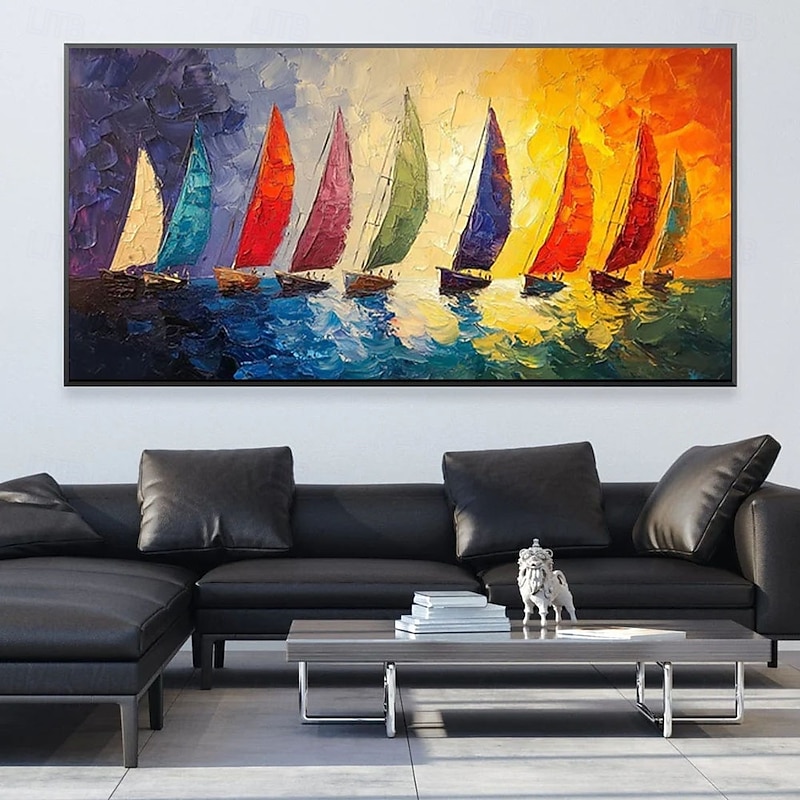 large Abstract Ship paintings Hand painted Boat Landscape Oil Paintings On Canvas Wall Art Decoration Modern Abstract Ship Pictures For Home Decor Rolled Frameless Unstretched Painting