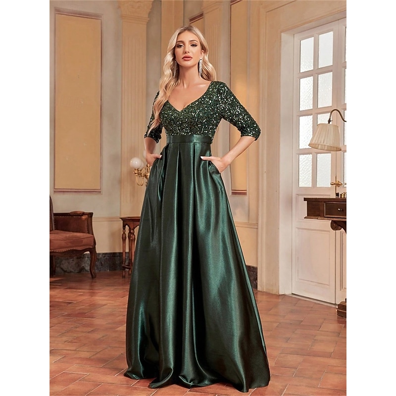 A-Line Quinceanera Dresses Elegant Dress Formal Wedding Floor Length Long Sleeve V Neck Polyester with Sequin4