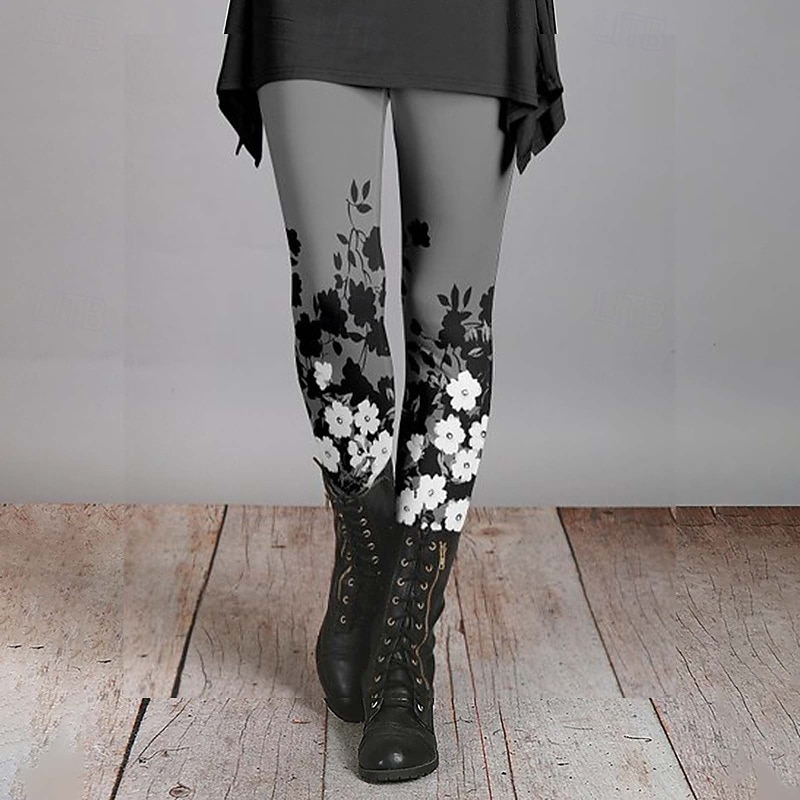 Women's Slacks Leggings Cozy Leggings Streetwear Casual Full Length Natural Flower Elastic Waist Print Comfy Outdoor Comfortable Outdoor Vacation Holiday Dark-Gray Wine Black Fall Regular Fit2