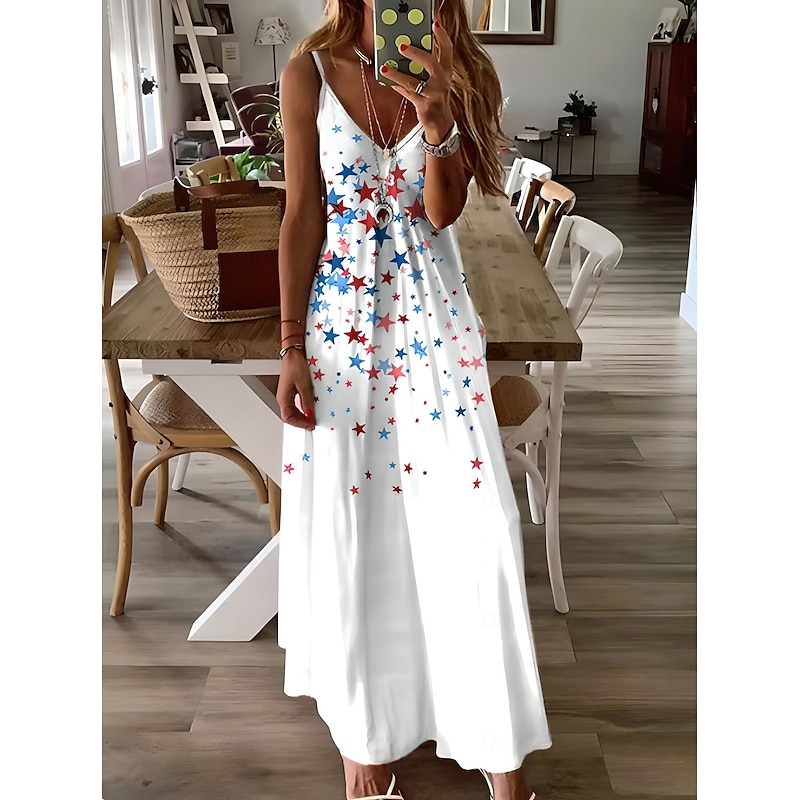 Women's Patriotic  Maxi Dress A Line Dress Slip Dress Vacation Casual Daily Holiday Graphic American Flag Sleeveless V Neck Spaghetti Strap White Red Sky Blue