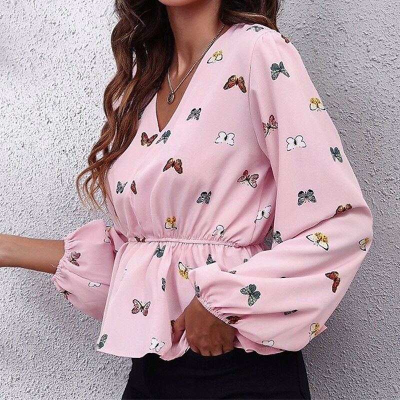 Women's Summer Tops Chiffon Tops Butterfly Daily Stylish Basic Long Sleeve Lantern Sleeve V Neck Regular Tops Work Daily Holiday Print Pink Spring Fall4