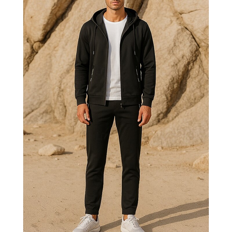 Men's Tracksuit Sweatpants Pullover Sweatshirt Drawstring Pocket Solid Colored Clothing Suit Summer Black Dark Gray Hiking Running Windproof Long Sleeve Sport Activewear Micro-elastic Regular Fit