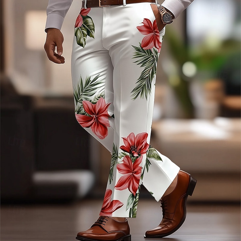 Men's Floral Print Flowers Dress Pants Trousers Suit Pants Mid Waist Casual Vacation Party Regular Fit Flat-Front Straight Leg Pants with Pockets Summer Spring Fall 3D Print White