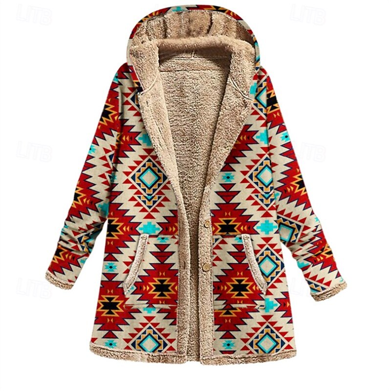 Women's Fleece Jacket Coat Hoodie Jacket Warm Comfortable Zipper Pocket Fashion Modern Casual Geometric Going out Weekend Zipper Regular Hooded Regular Fit Long Sleeve Outerwear Wine Khaki Winter