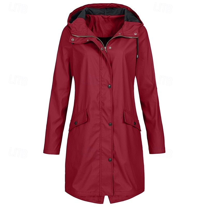 Women's Trench Coat Waterproof Warm Zipper Pocket Casual Plain Outdoor Street Holiday Going out Zipper Long Hooded Regular Fit Long Sleeve Outerwear White Wine Navy Blue Fall Winter2