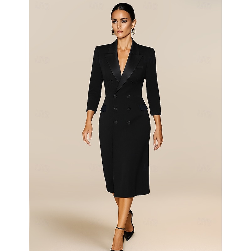 Tuxedo Dress Sheath / Column Formal Wedding Guest Satin Elegant Minimalist 3/4 Length Sleeve Tea Length Notched Lapels Lapel Double Breasted