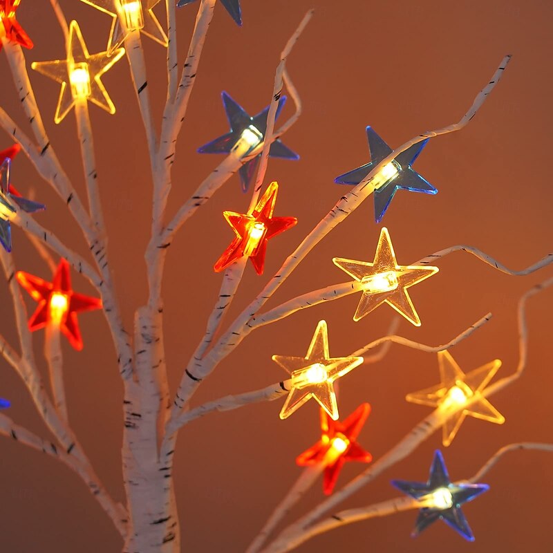 4th of July Patriotic String Lights Decorative DIY Artificial Tree Lamp, 24 LED Birch Tree Lights, Battery/USB Operated Fourth of July Independence Day Lighted Tree for Home Table Party Decor4