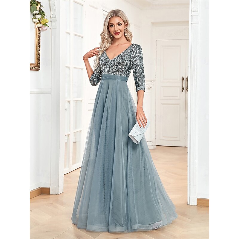 A-Line Quinceanera Dresses Elegant Dress Formal Wedding Floor Length Half Sleeve V Neck Tulle with Sequin4