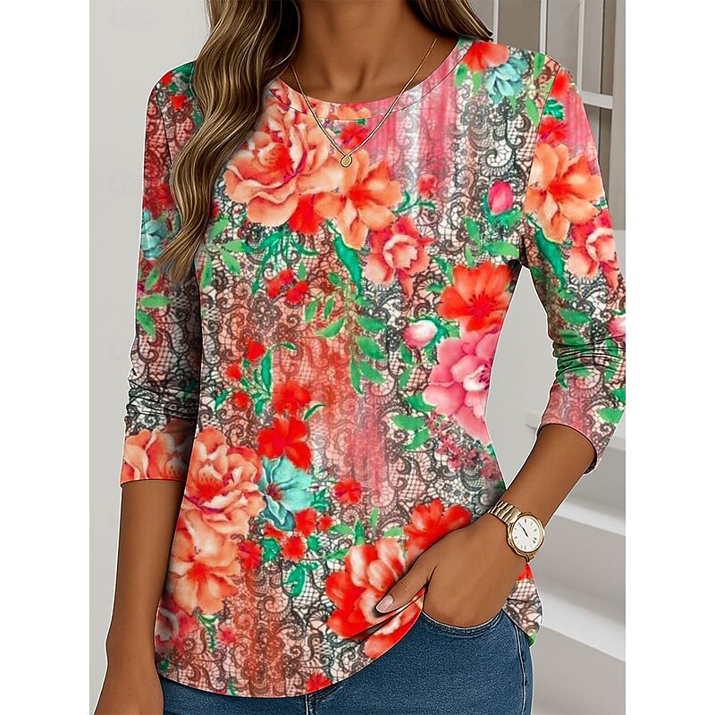 Women's T shirt Crew Neck Long Sleeve Tunic Floral Graphic Plants Vintage Stylish Classic  Round Neck Regular Tops Daily Print Yellow Red Fuchsia Green Fall4