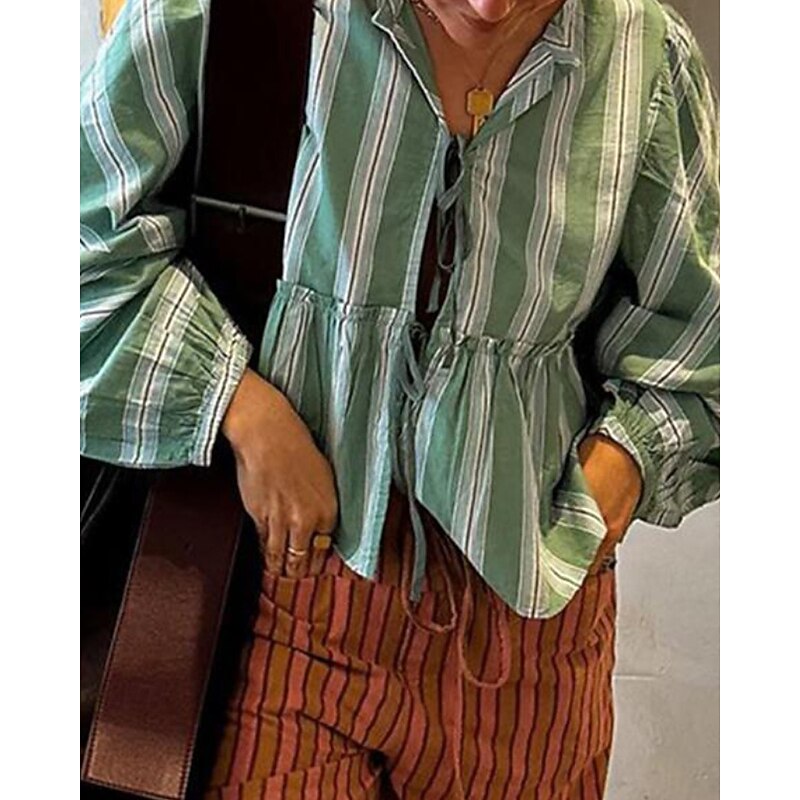 Women's Active Streetwear Cotton Linen Shirts Blouse Shorts Sets Long Sleeve V Neck Striped Ruched Daily Casual Daily Pink Green Summer Regular Fit4