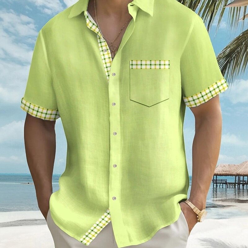 Men's Geometric Checkerboard Cuffs Shirt Summer Shirt Button Up Shirt Short Sleeve Fashion Casual Outdoor Vacation Dailywear Summer Spring Turndown 3D Print Collared Shirts Front One Pocket Green2