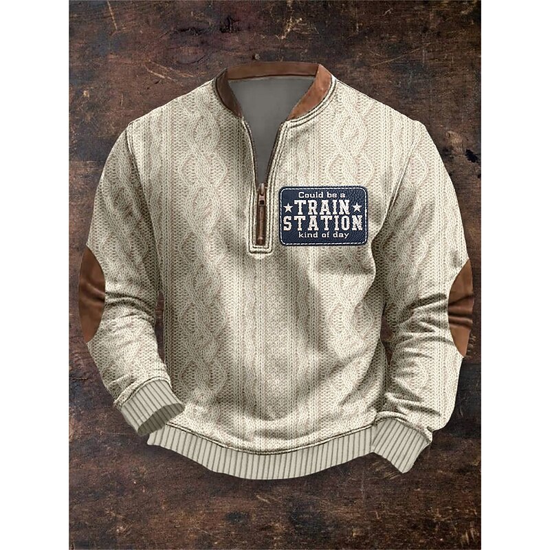 Men's Sweatshirt Quarter Zip Sweatshirt Navy Blue Khaki Half Zip Color Block Letter Ribbed Textured Knit-texture Sports & Outdoor Daily Holiday Polyester Vintage Streetwear Casual Fall & Winter