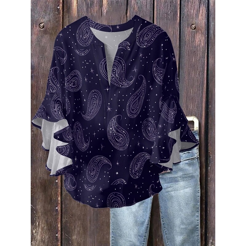 Women's Blouse Paisley Retro Vintage Ethnic 3/4 Length Sleeve V Neck Regular Tops Daily Holiday Ruffle Print Navy Blue Blue Purple Apricot Summer