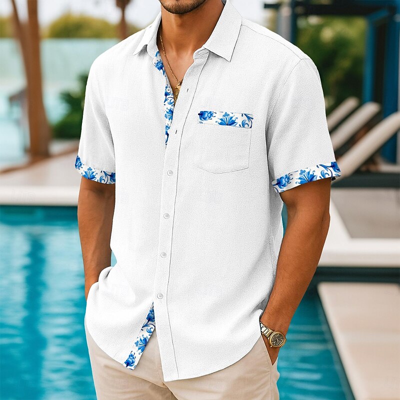 Men's Shirt Linen Shirt Summer Shirt Beach Shirt Summer Hawaiian Shirt Floral Vacation Casual White Pink Navy Blue Light Blue Short Sleeve Collar Summer Clothing Apparel Patchwork3