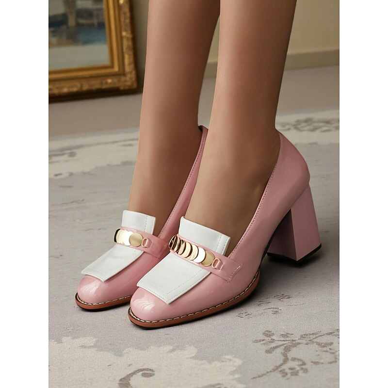 Women's Vintage 1950s Red Patent Leather Loafers with Chunky Heels, White Panel, and Gold Metal Buckle – Retro Mod Style Heels for Office, Parties, and Daily Wear