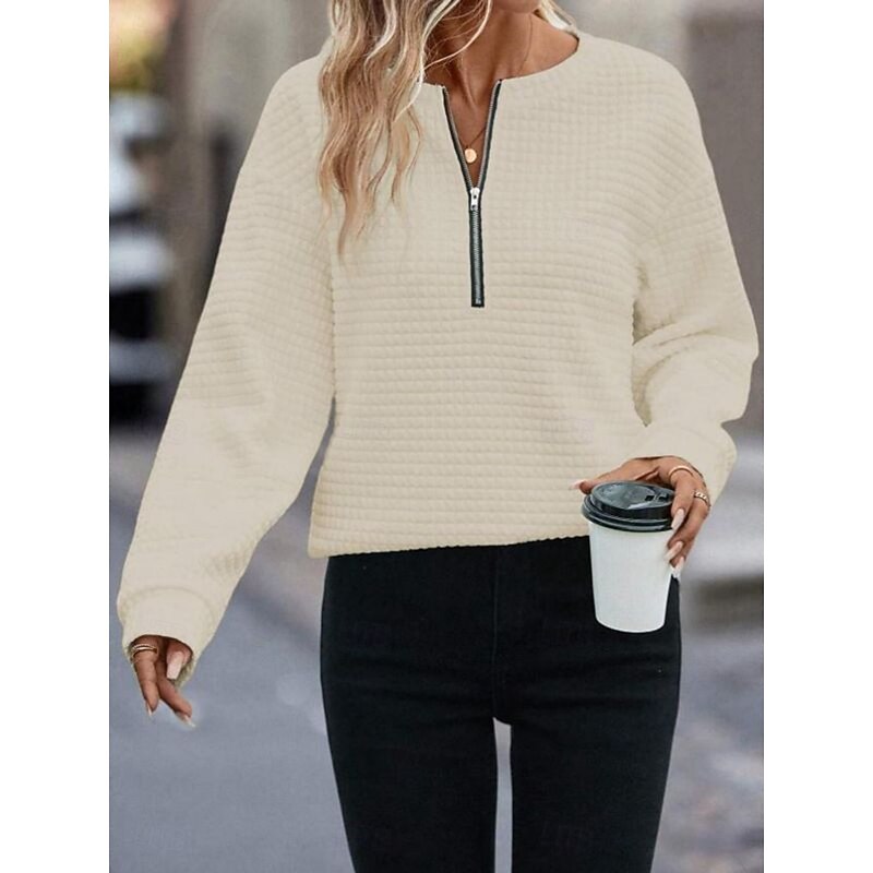 Women's Quarter Zipper Sweater Blouse Solid Color Stylish Casual Long Sleeve Crew Neck Regular Tops Daily Black White Blue Fuchsia Apricot Spring Fall3