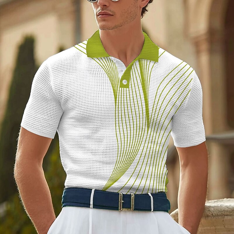 Men's Abstract Geometic Waffle Polo Shirts Short Sleeve Polo Shirts Collared Shirts Business Casual Business Athleisure Daily Wear 3D Print Buttons Summer Red Blue Green2