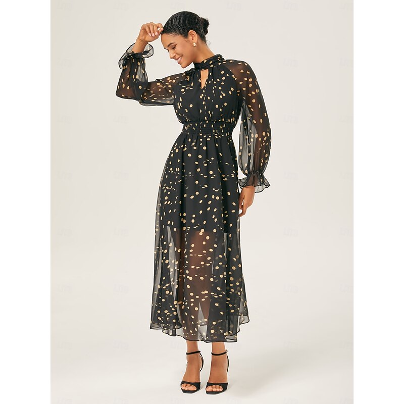 Women's Female Casual Dress Maxi Dress Black Long Sleeve Polka Dot Print Summer Cross-Seasons High Neck Vacation Bohemian XS S M
