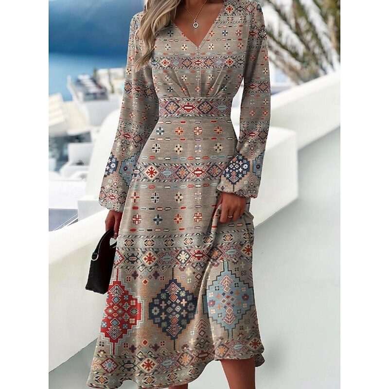 Women's Midi Dress A Line Dress Semi Formal Office Regular Fit Marble Long Sleeve V Neck Pink Khaki Gray Summer2