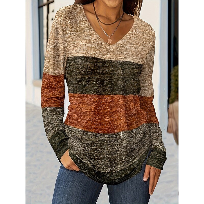 Women's T Shirt V Neck Long Sleeve Tunic Ombre Graphic Geometric Vintage Stylish Classic Regular Tops Daily Print Blue Purple Orange Green Spring Fall