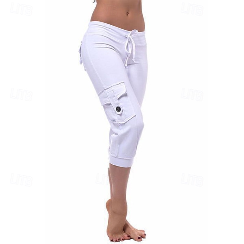 Women's Cargo Pants Capri Pants Slacks Streetwear Casual Calf-Length Natural Plain Pocket Elastic Drawstring Design Comfy Outdoor Comfortable Vacation Streetwear Wine Navy Grey Black Summer Regular2