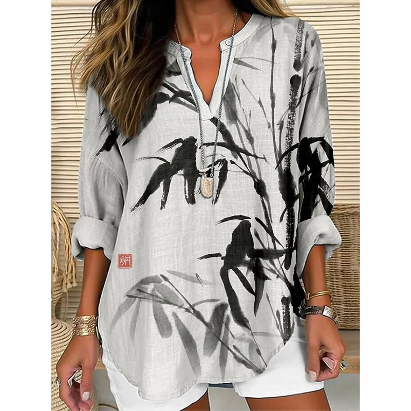 Women's Blouse Tunic V Neck Long Sleeve Boho Casual Summer Tops Floral Graphic Vintage Tropical Regular Tops Daily Wear Print White Pink Purple Fuchsia Gray3