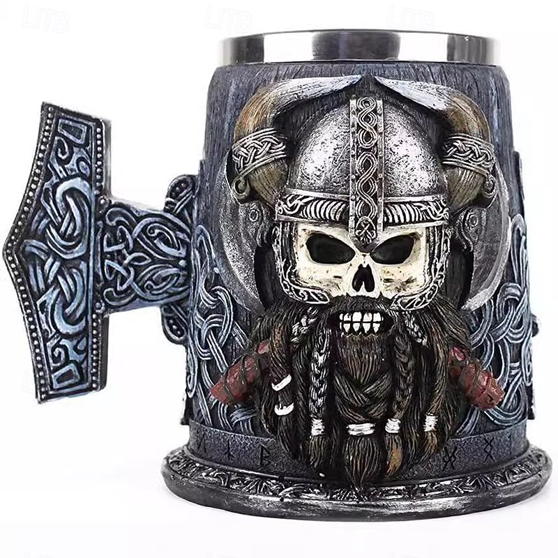 Viking Skull Beer Mug,Oktoberfest Gift Mug Medieval Norse Pirate Coffee Cup with 3D Viking Warrior Statue, Gothic Skeleton Tankard for Bar or Gift