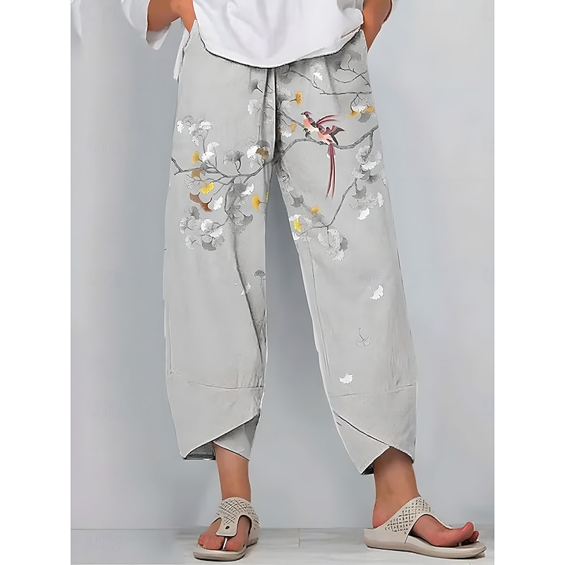 Women's Wide Leg Chinos Baggy Pants Vintage Basic Casual Ankle-Length High Waist Floral Graphic Drawstring Patchwork Printing Breathable Inelastic Outdoor Vacation Street Yellow Blue Green Beige3