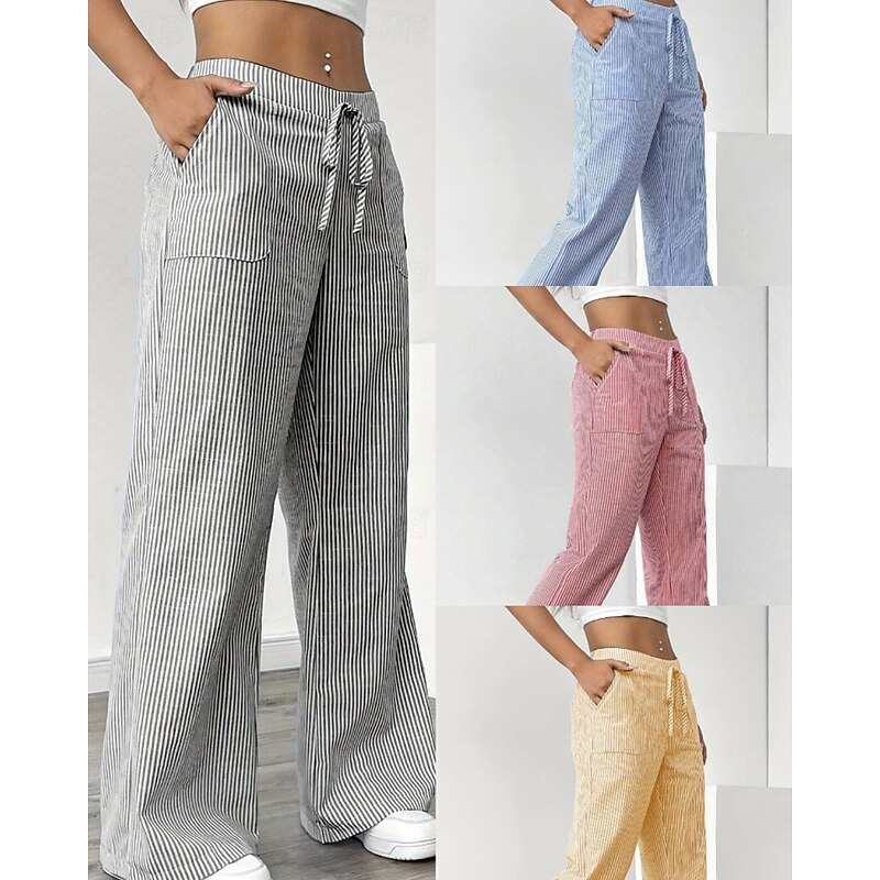 Women's Wide Leg Slacks Streetwear Casual Full Length Natural Striped Pocket Elastic Drawstring Design Outdoor Comfortable Holiday Casual Daily Magenta Light Sky Blue Grey Fall Regular Fit