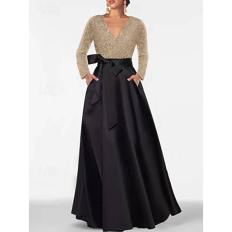 A-Line Mother of the Bride Sequined Evening Gown Elegant Formal Wedding Guest Dress Floor Length Long Sleeve V Neck Pocket Satin with Glitter Slit