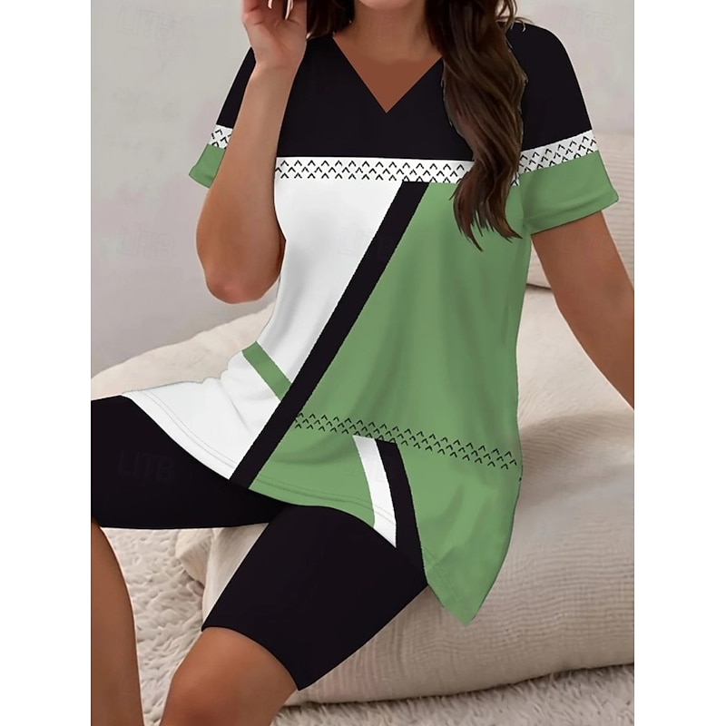 Women's Fashion T Shirt Shorts Sets Short Sleeve V Neck Floral Graphic Leopard Print Casual Daily Black Gold Green Summer Regular Fit