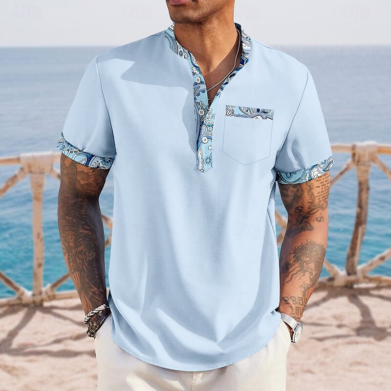 Men's Paisley Ethnic Shirt Henley Shirt Stand Collar Shirt Short Sleeve Vintage Retro Vacation Daily Summer Spring Mandarin Collar Band Collar Buttons Front One Pocket Linen Like Shirt Pink Blue
